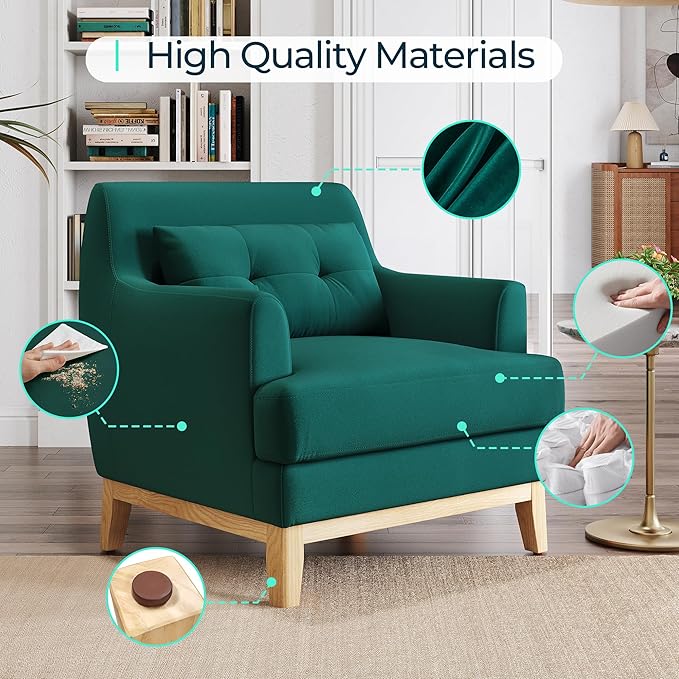 LINSY Accent Chair Large Reading Chair with Rubberwood Base Mid Century Modern Armchair with Lumbar Pillow Cozy Single Sofa Chair for Living Room Bedroom Office Study Velvet Arm Chair Green