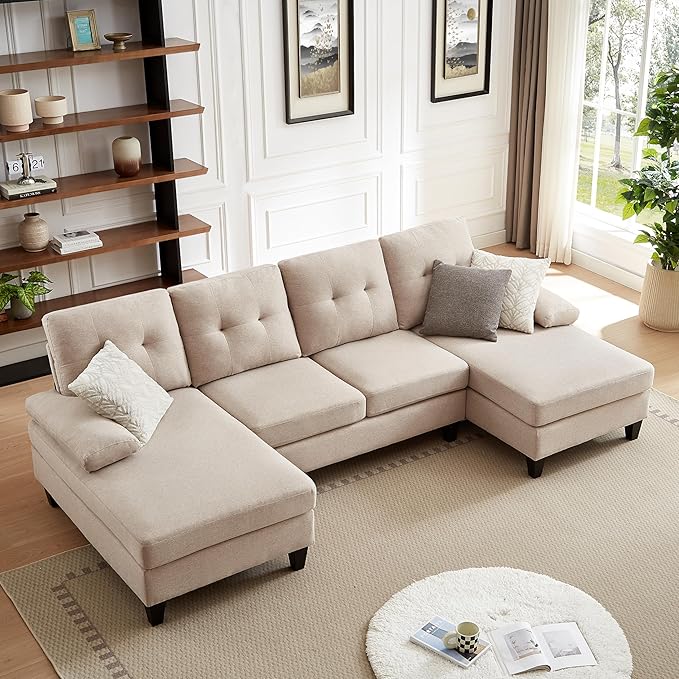 111 Modern U Shape Convertible Sectional Sofa Couch Polyester Fiber Sleeper Couch with Double Chaise and Portable Armrest 4 Seat Sofa Set for Living Room Apartment Office Beige