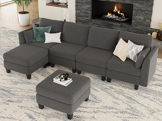 Modular Sectional Sofa 6 Seaters Modular Sleeper Sofa Couch Comfy Sectionals Couches Bed Convertible Sofas with Ottomans Sectional Couches for Living Room Dark Grey