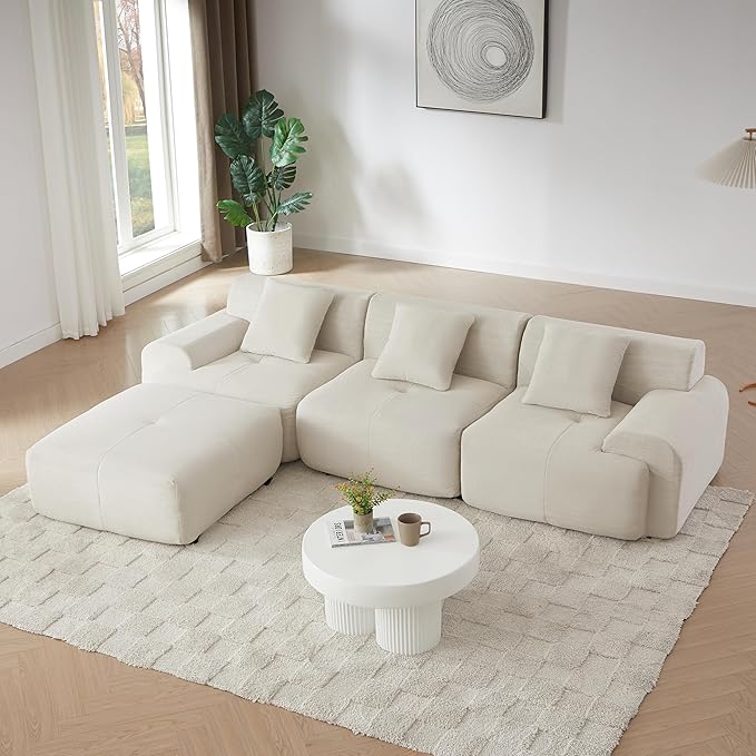 113 Cloud Compressed Modular Sectional Sofa Boneless Couch for Living Room Modern Corduroy Upholstered L-Shaped Corner Couch with Reversible Ottoman for Apartment | Deep Seat Wider Armrest Free Co