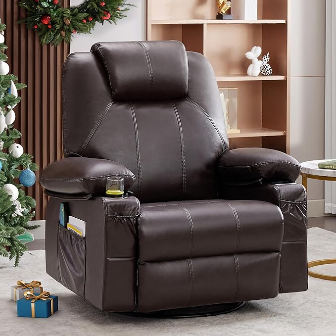 Oversized Swivel Rocker Recliner Chair with Heat and Massage 360 Degree Swivel Rocking Single Sofa with Cup Holders and USB Port Large Big Recliner Chair for Living Room(Leather Dark Brown)