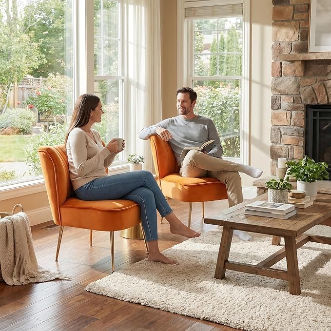 DUOMAY Modern Accent Chair Set of 2 Velvet Slipper Chair with Gold Legs Wingback Side Chair for Living Room Bedroom Entryway Small Corner Chair for Space Saving Orange