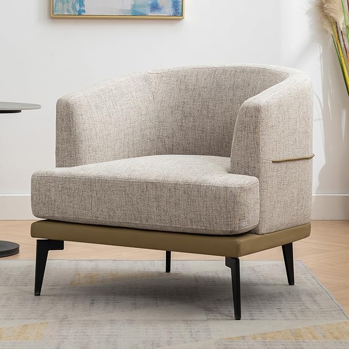 Modern Two-Tone Barrel Fabric Chair Upholstered Round Armchair for Living Room Bedroom Reading Room (Mustard Green)
