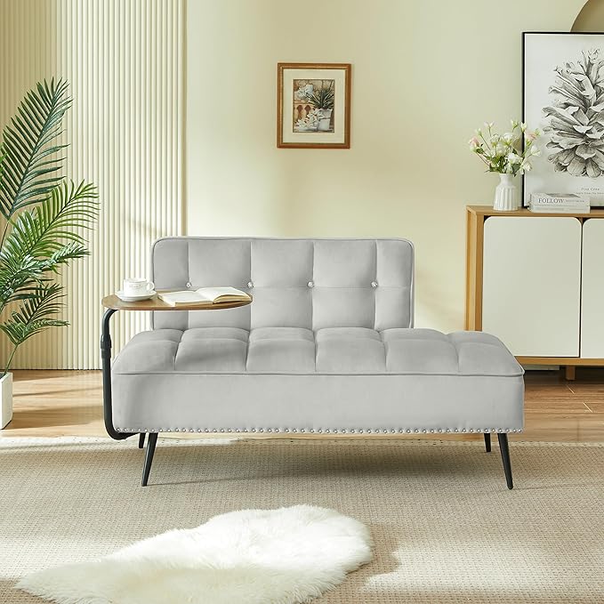 KEIKI 54 2Seat Velvet Loveseat Sofa Couch Rotating Side Table Memory Foam for City Apartment Bedroom Studio Style Conscious Homeowners Luxurious Elegant Sophisticated Refined Quality Design Gray