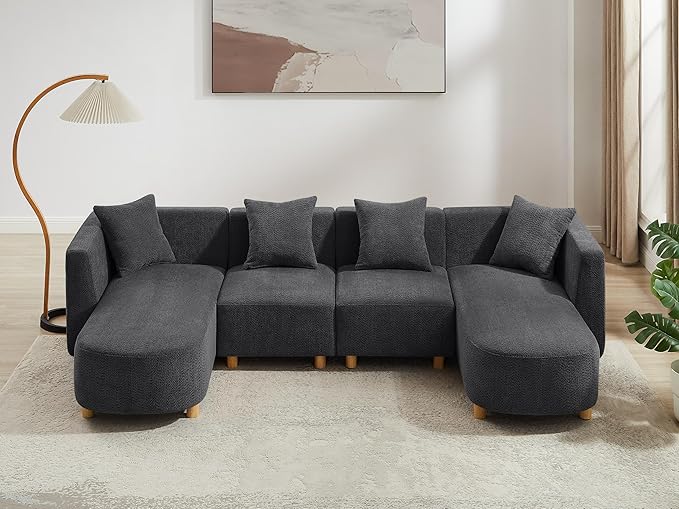 VANOMi 113 Sectional Sofa with 4 Pillows U-Shaped 4-Seater Comfy Boucle Cloud Couch Modern Double Chaises Lounge Sofas for Living Room Office Apartment (Dark Gray-U)