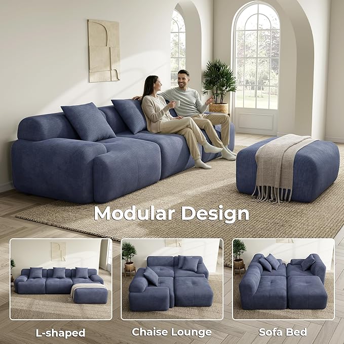 LIKIMIO 118 Modular Sectional Sofa with Ottoman L-Shaped Boneless Couch with Deep Seat for Living Room Corduroy Upholstery No Assembly Required Navy Blue