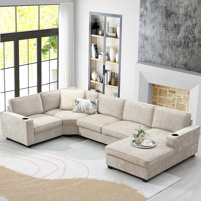 119*67 U Shaped Sectional Sofa6 Seat Chenille Corner Couch Set with Oversized Chaise LoungeIrregular Corner Deep and Wide Seat Comfy Sofa with Cup Holders for Living RoomApartment (Beige-V33)
