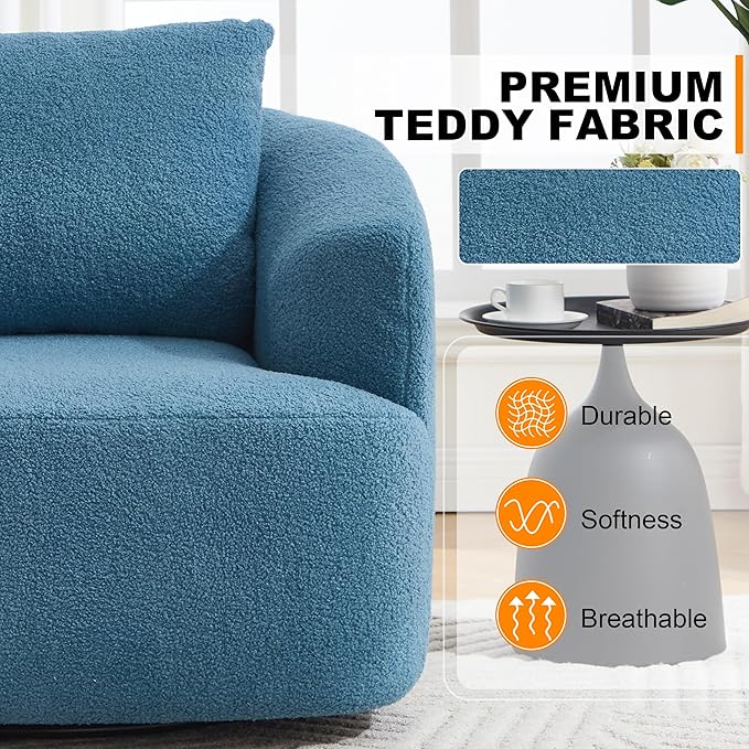 Luxlen Swivel Accent Chair with Pillow for Living Room Teddy Fleece Upholstered Single Sofa 360° Rotating Barrel Chair with Metal Base for Bedroom Office Apartment - Blue