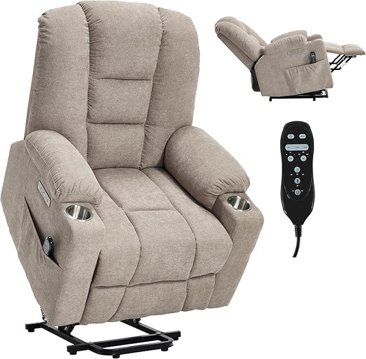 Power Lift Chair with Massage &amp Heat Electric Recliner Chairs for Adults Remote Control Sofa for Living Room Standing Assistance USB Ports Stainless Steel Cup Holders (Khaki)