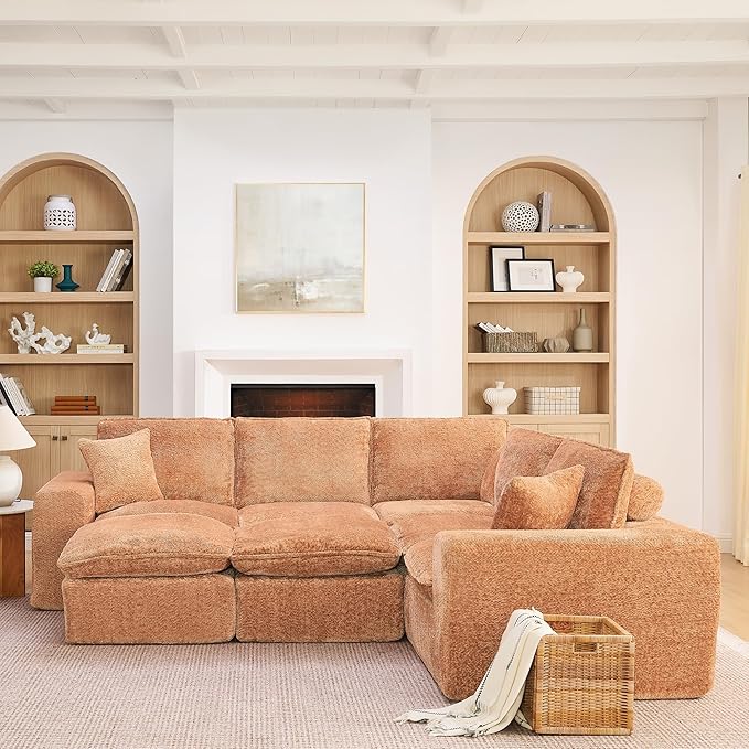 L-Shaped Boneless Modular Sectional Cloud Couches 7 Seat Modular Boucle Floor Foam Boneless Sofa Couch with Ottomans Headrest Pillows and Removable Cushions