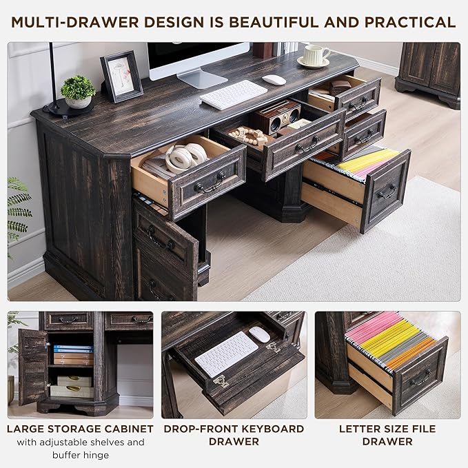 T4TREAM 59 Farmhouse Executive Desk with DrawersWood Home Office Computer Desk Featuring Keyboard TrayCharging StationFile Drawer Storage Cabinetfor Work and Study (Dark Rustic Oak)
