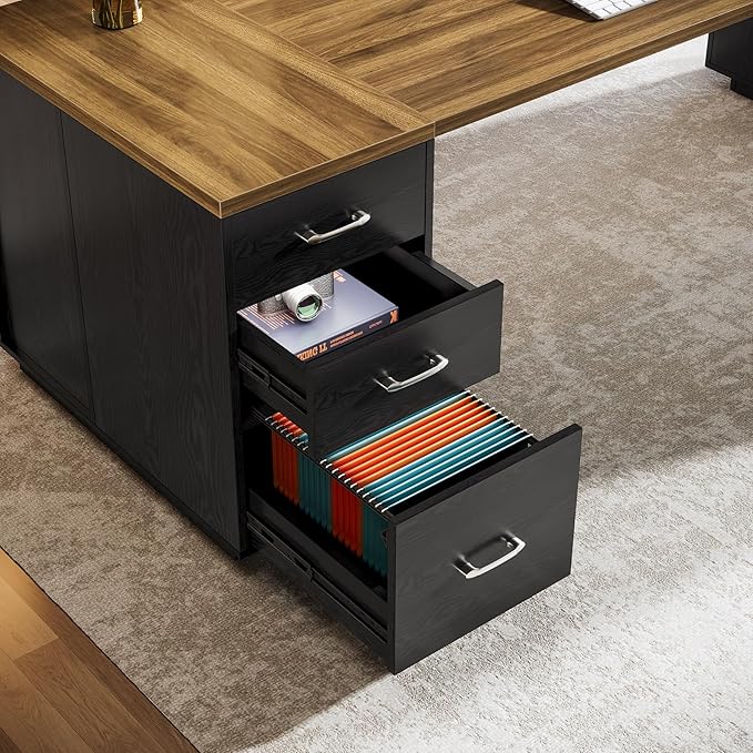 Tribesigns 85.8-Inch L-Shaped Executive Office Desk with File Drawers &amp Storage Cabinet Professional Corner Computer Desk Extra Large Business Workstation with Adjustable Shelves (Brown&ampBlack