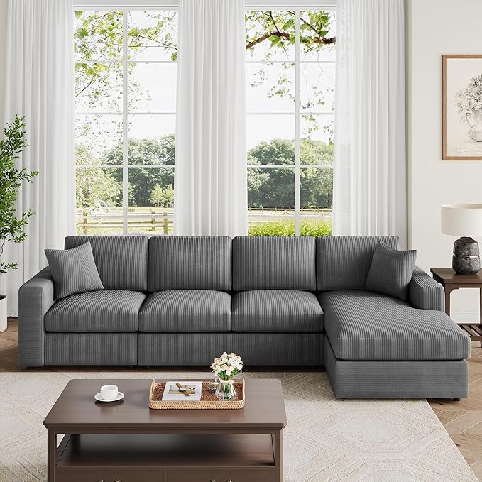 VANOMi 119 L-Shaped Sectional Sofa with Reversible Chaise Modern Corduroy Couch with Deep Seats 4-Seater Upholstered Sofa for Living Room or Apartment Dark Grey