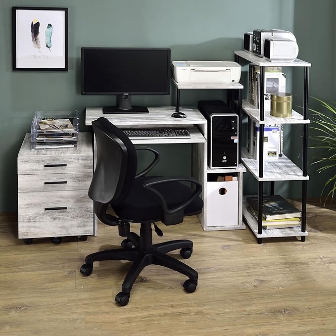 Rectangular Antique White and Black Work Study Computer Desk with Keyboard Tray Office Desk with Storage Spacious Surface
