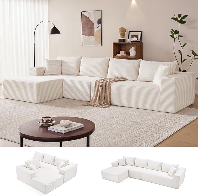 140” Cloud Sectional Couch Modular Sectional Sofa with Deep Seat Boneless Sofa for Living Room Fluffy Comfy L-Shaped Couch with Left Facing Chaise No Assembly Required Beige