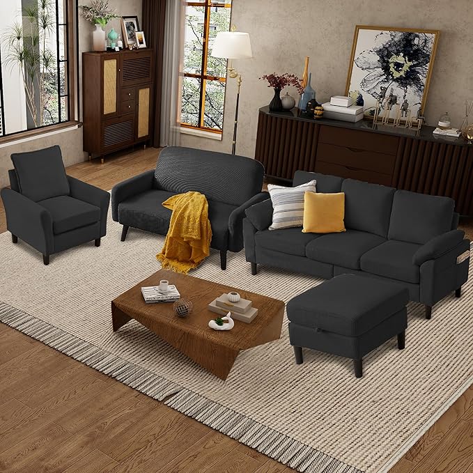 4 Pieces Corduroy Living Room Sets with Sofa Ottoman Loveseat and Chair
