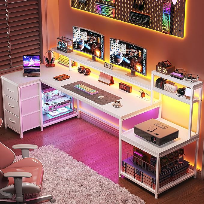 EnHomee 71 L Shaped Gaming Desk with LED LightsWhite Computer Desk with Drawers and Printer ShelfPower OutletReversible Home Office Desks with Storage and Monitor Stand