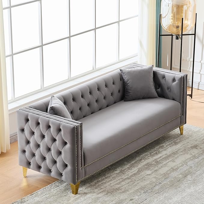 DEINPPA 2 Piece Chesterfield Couch Sets Velvet 3 Seater Sofa Set with Throw Pillows Comfy Couch with Nailhead Trim and Metal Legs for Living Room/Apartment/Office-Grey