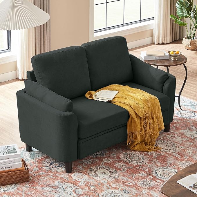 59 Small Loveseat Sofa Mid Century Modern Linen Love Seat with Back Cushions 2-Seater Couch Sofa for Lving Room Bedroom and Small Space Black