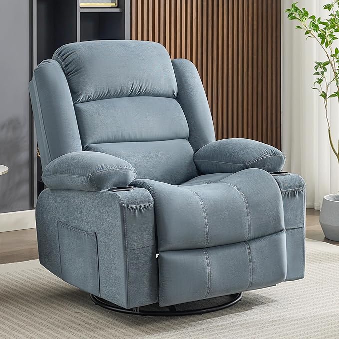 Rocker Recliner Chair with Heat and Massage 360° Swivel Nursery Rocking Chairs for Adults Oversized Recliner Single Sofa Seat with Cup Holders Lazy Boy Recliner Single Sofa (Manual Blue)