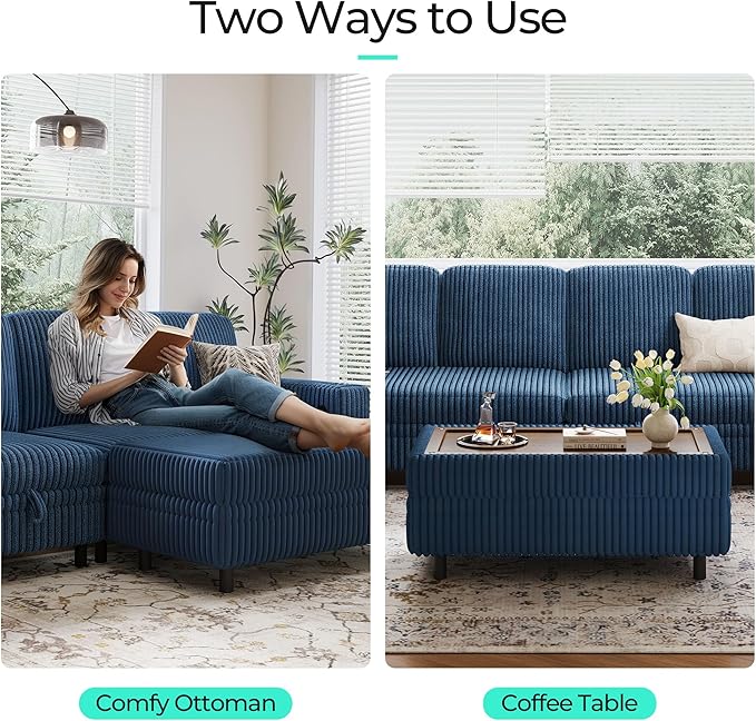 LINSY HOME Sectional Sleeper Sofa with Pull Out Couch Bed for Living Room (Blue) | Plush Corduroy Storage Ottoman Storage Chaise Pull Out Couch USB Charging