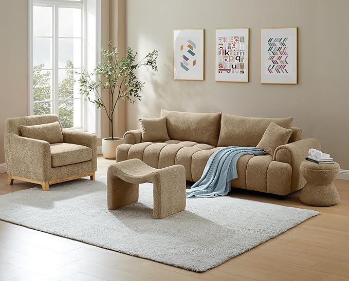 Extra Deep Accent Chair Fabric Upholstered Comfy Reading Armchair for Living Room Bedroom Single Seat Sofa Chair with Wood Base Velvet Beige