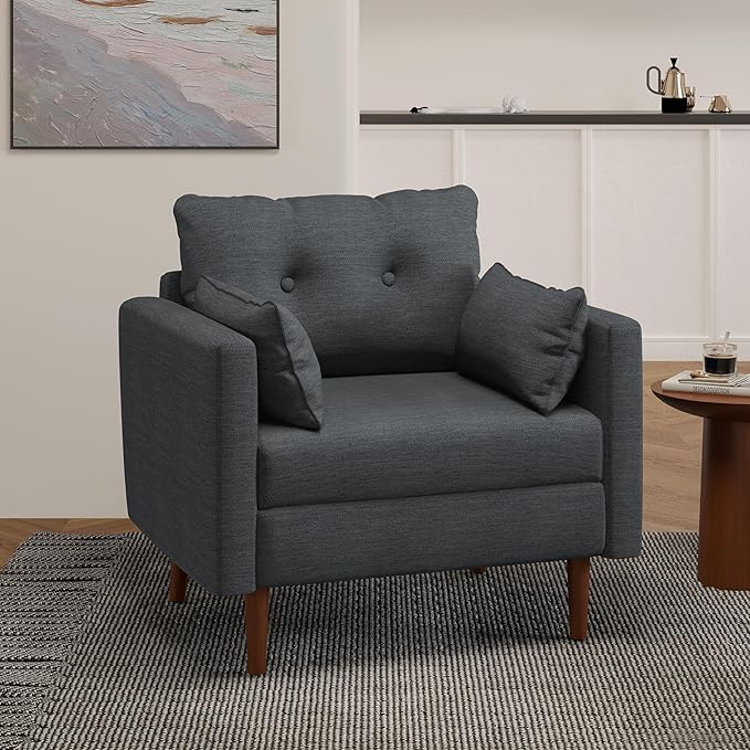 GDFStudio Tufted Club Chair Accent Armchair Accent Arm Reading Chair for Living Room Upholstered Button Armchair Lounge Chair with Comfy Cushion Wooden Leg for Bedroom Office Charcoal Grey
