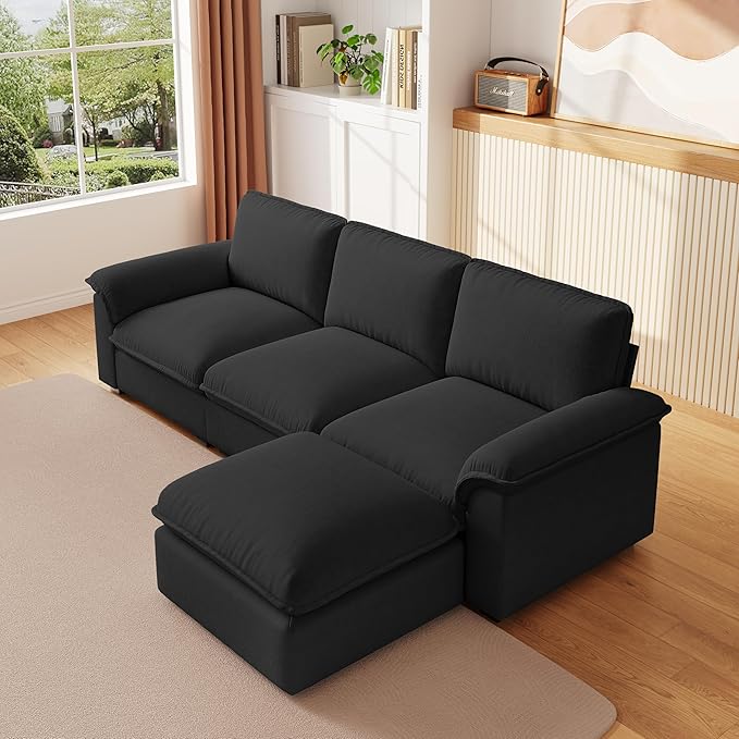 KEIKI 102 3Seat Modular Sectional Velvet Sofa Couch with Chaise Memory Foam for Urban Loft Small Space Style Conscious Urban Professionals Warm Inviting Comfy Supportive Premium Design Black