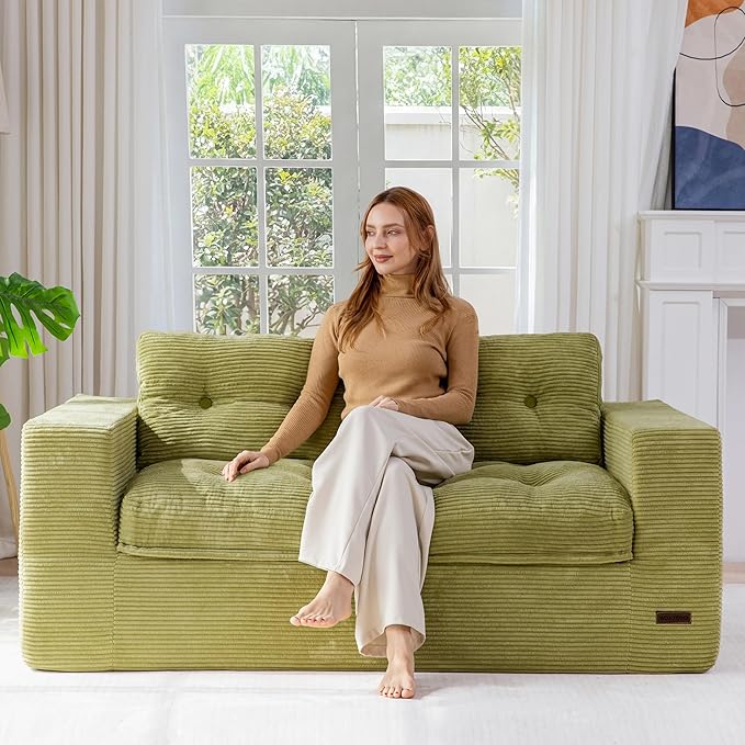 MAXYOYO 63 Boneless Sofa Couch 2-Seater Cloud Couch Floor Loveseat for Small Space with Pillows Tufted Floor Sofa with Layered Cushion for Apartment &amp Lounge No Assembly Required Green