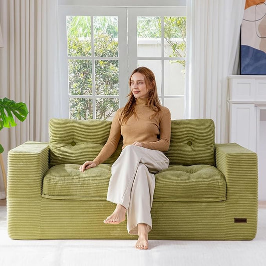 MAXYOYO 63 Boneless Sofa Couch 2-Seater Cloud Couch Floor Loveseat for Small Space with Pillows Tufted Floor Sofa with Layered Cushion for Apartment &amp Lounge No Assembly Required Green