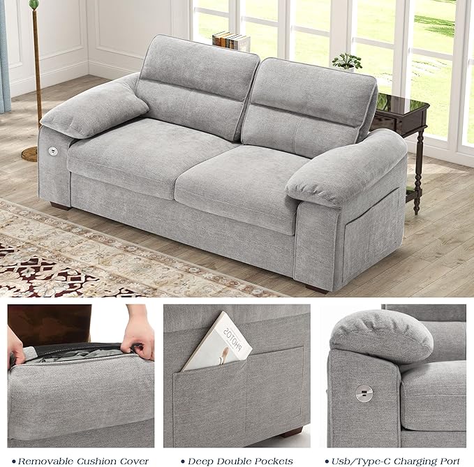 WorthFurni Sofas for Living Room Chenille Pillow-Armrest Loveseat Couch Set Small Sofa 3 Seater Sofa USB Charging Removable Sofa Cover Solid Wood Frame Easy to Install (71.5 inch Grey)