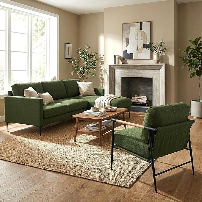 LukeAlon Mid-Century Linen Accent Chair Ultra Soft Living Room Chair with Metal Legs Modern Armchair Reading Nook Chair Lounge Chair Upholstered Comfy Leisure Chair for Bedroom Waiting Room Green