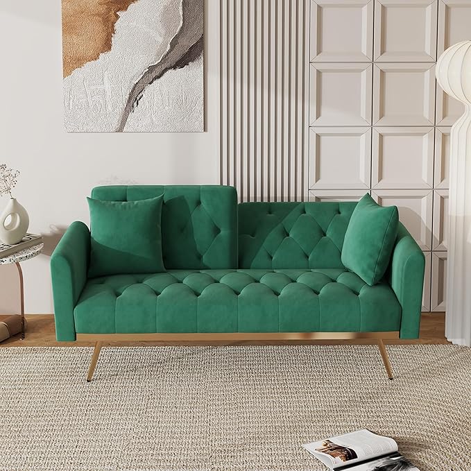 Modern Velvet 2 in 1 Futon Sofa BedConvertible Folding Sleeper Bed Couches with 2 Pillows73 Tufted Recliner Love Seat with Golden Chrome Legs for Living Room Apartment Office (Green-New Velvet)