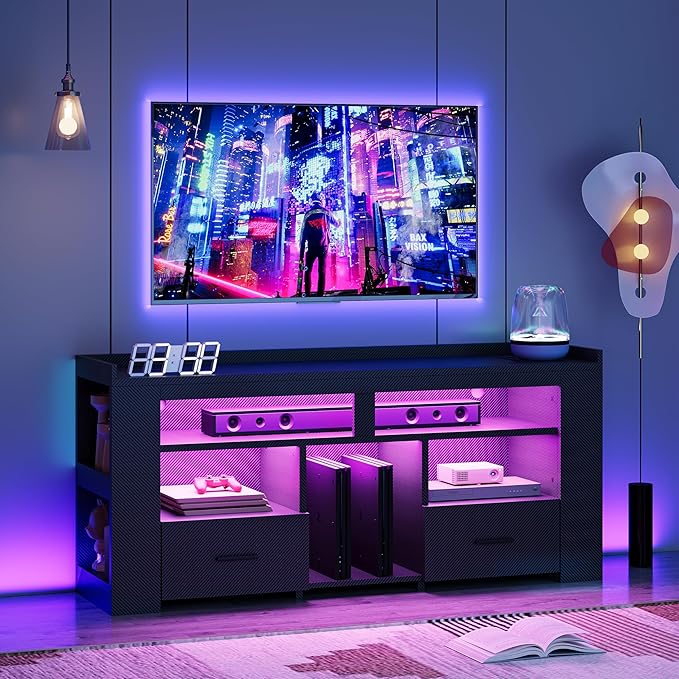 IRONCK TV Stand for 65 Inch TV Carbon Fiber Entertainment Center with 2 Drawers Charging Station &amp RGB LED Light Gaming Media Console for PS4 Bedroom Living Room Black