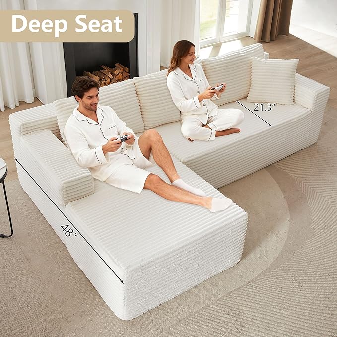 GNIXUU Boneless Sectional Couch with L-Shape Chaise Modern Modular Sofa with Deep Seat Comfy Corduroy Cloud Couches for Living Room Bedroom Apartments No Assembly Required Beige