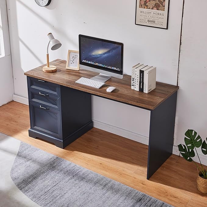 60 Farmhouse Executive Desk with Charging StationHome Office Desk with 2 Drawers &amp1 File CabinetWood Work Desk for Office and Home (Blue)