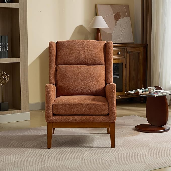 26.18 Wide Modern Accent ChairPolyester Blend High Back Reading ChairUpholstered Armchair Club ChairSingle Sofa with Wood Legs for Living RoomBedroomReading RoomOfficeOrange