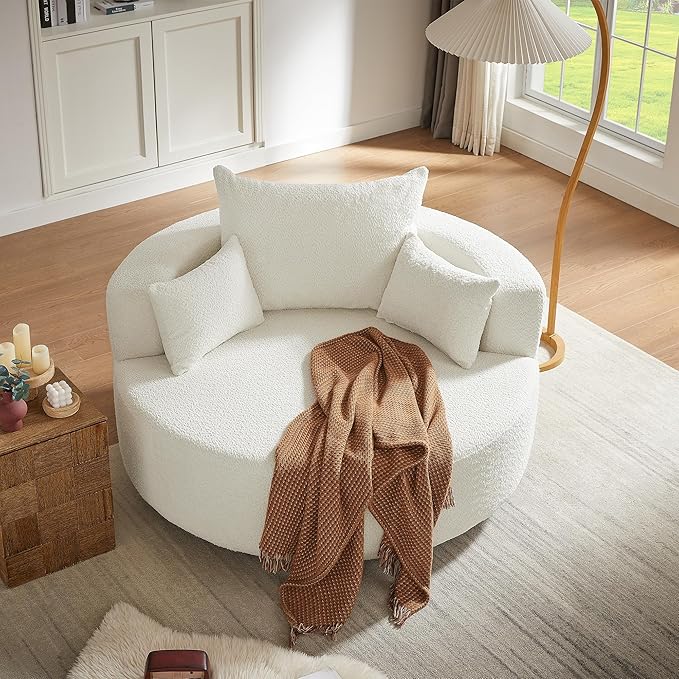 360° Swivel Chair Accent Chair with 3 Removable Pillows Modern Chenille Fabric Barrel Chair Swivel Round Sofa Chair for Living Room Bedroom Office and Hotel (Beige/96)