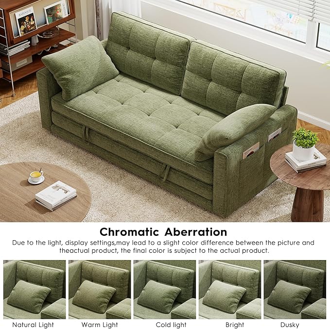 65 Convertible Folding Sofa Bed Pull Out Couch Love Seat Sleeper Bed Small Fold Out Loveseat Sleeper with Cup Holder and Pillow for Small Space Bedroom Lounge Dorm Living Room(Green)