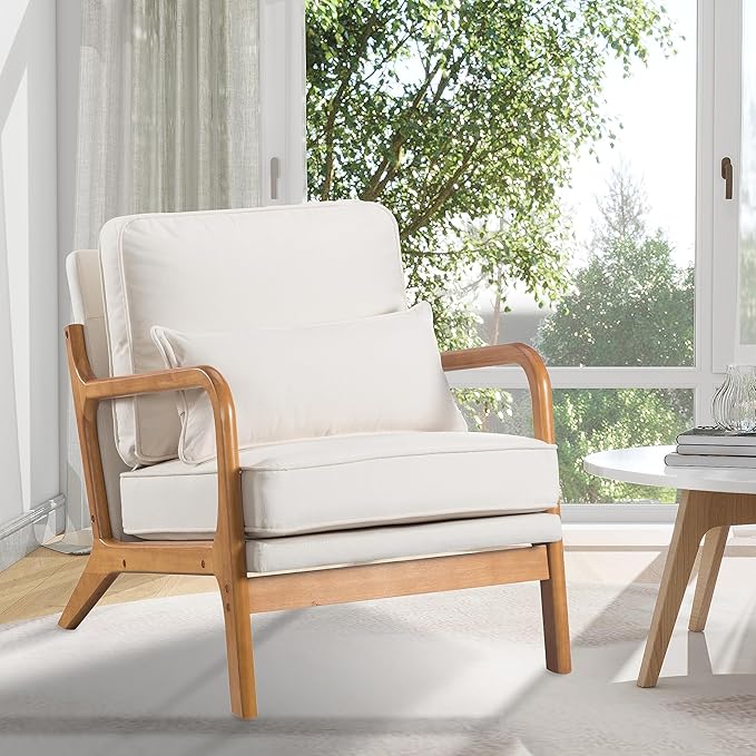 Accent Chair with Cushion Mid-Century Modern Upholstered Single Reading Armchair with Linen Fabric + Solid Wood Frame for Living Room Bedroom Lounge Balcony (Beige)