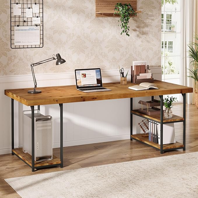 Tribesigns 71-Inch Solid Wood Long Desk with Shelves Industrial Home Office Desk Large Executive Office Computer Table Writing Gaming Workstation for Office Living Room Light Brown &amp Black