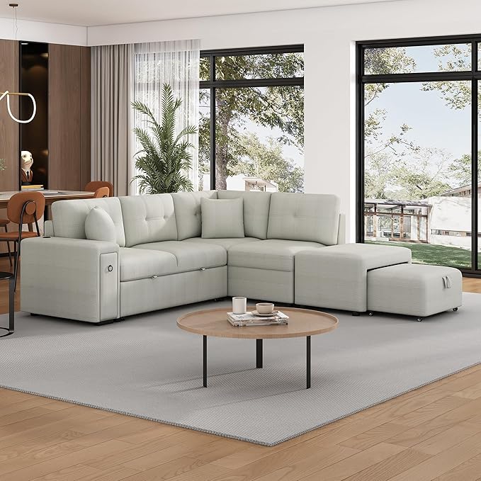 86.6 L-Shaped Sectional Sofa Couch Chenille Upholstered Pull-Out Sofa Bed Sleeper with a Movable Ottoman and 2 Cup Holders for Living Room Apartment Offices (Grey-86.6)