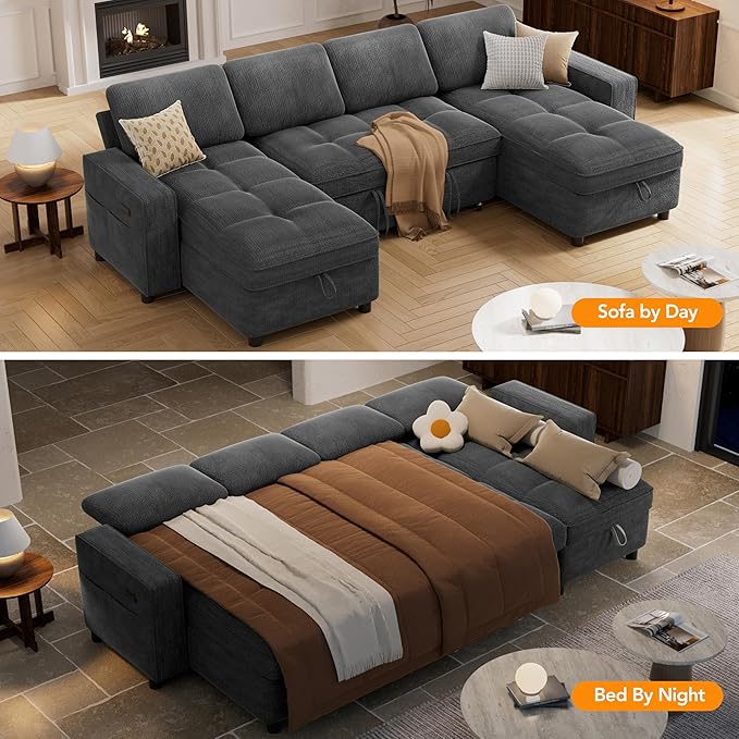Vipbear 105 Chenille Sectional Sleeper Sofa Bed with Pull Out Bed U Shaped Couch Sleeper Sofa Bed Pull Out Couch with Reclining Backrest Double Storage Chaise USB Ports Tool-Free Assembly Grey