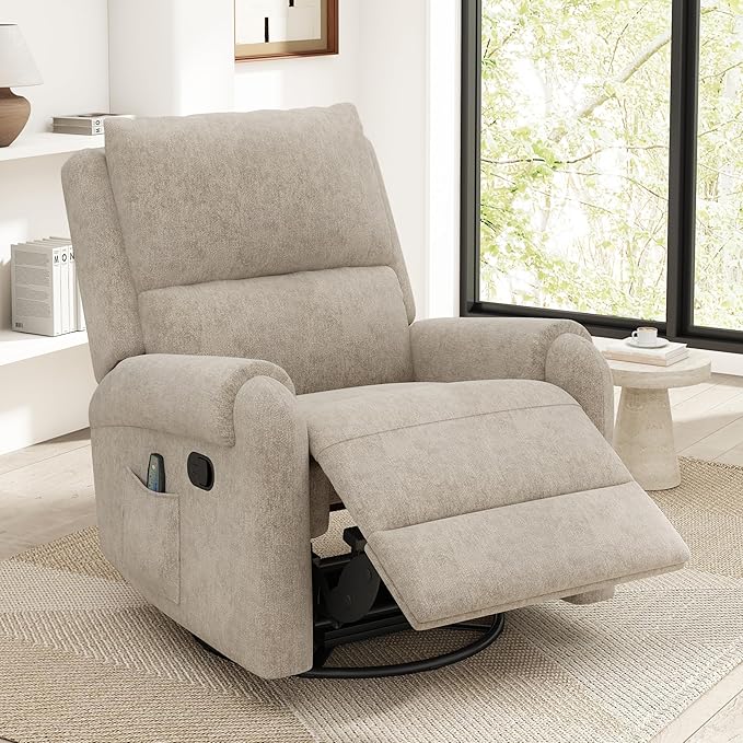 Christopher Knight Home Harper Massage Recliner Chair with 8 Modes Chenille Upholstered Recliner Sofa Swivel Massage Chair with a Side Storage Pocket for Living Room/BedroomHead SupportLight Brown