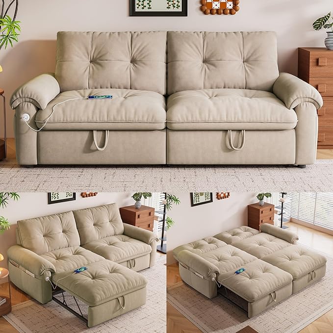 77 Queen Size Sleeper Sofa Bed Convertible Pull Out Couch with Velvet Fabric 3-in-1 Loveseat L Shaped Couch Bed with Adjustable Backrest Side Pocket &amp USB Ports for Living Room Apartment