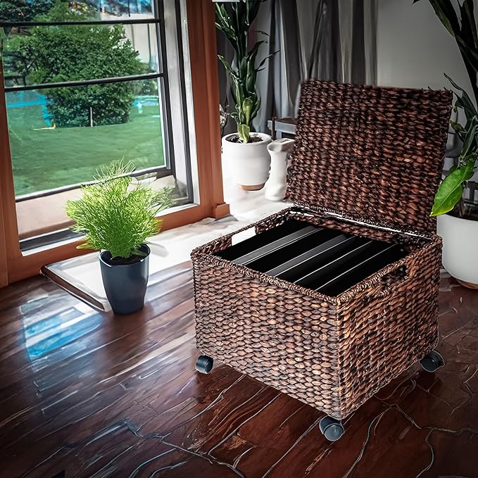 Trademark Innovations Rolling File Box Wicker File Cabinet Hanging File Baskets Water Hyacinth Storage Basket (Dark Brown)