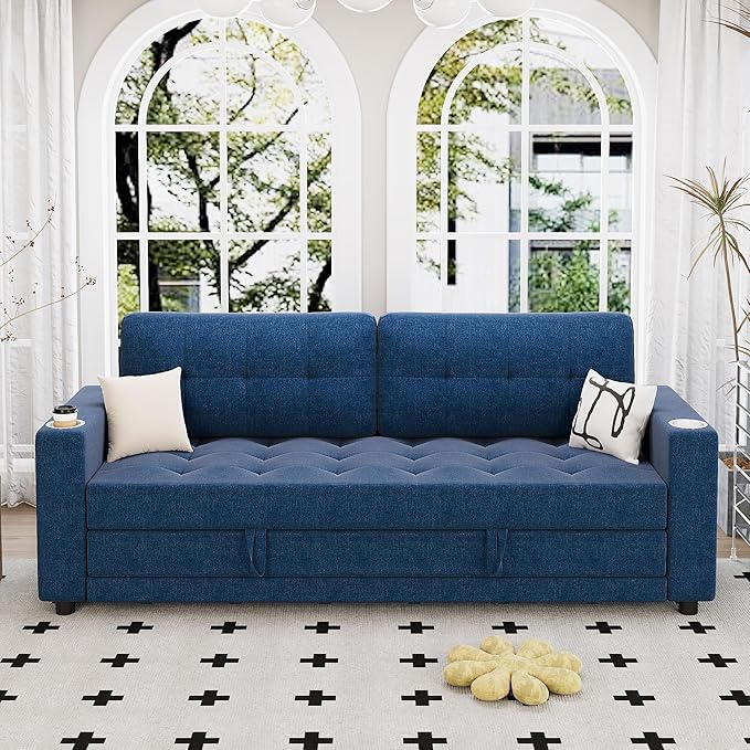 Upgraded Queen Size Futon Sofa Bed 83 Thick Upholstery Loveseat Sleeper Sofa Pull Out Couch Convertible Floor Couch for Bedroom/Entertainment Room/Apartment (Blue)
