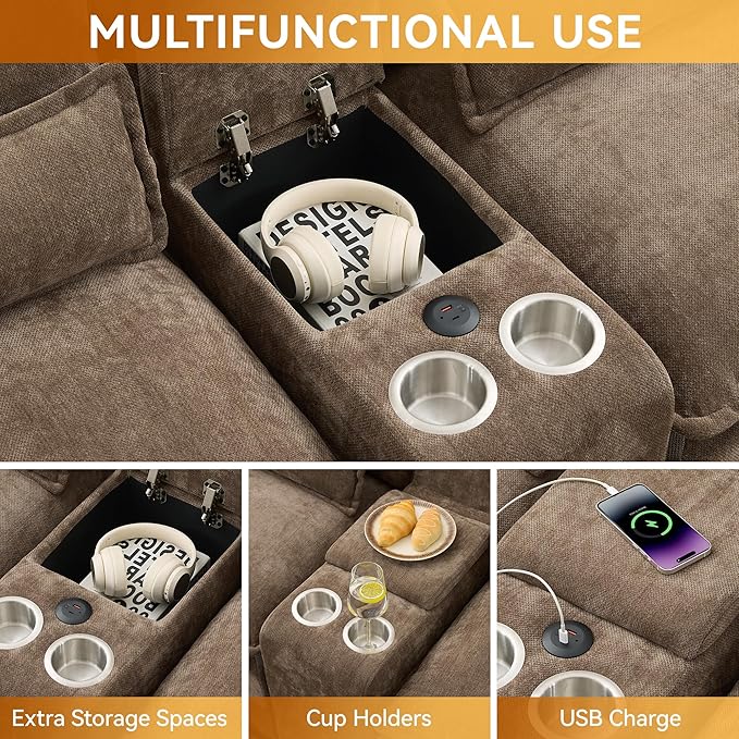 125'' U Shaped Cloud Modular Sofa with Chaise Lounges Chenille Upholstered Comfy Sectional Couch with Storage Console USB Charging Ports &amp Cup Holders Small Deep Seat Sofa for Living Room Brow