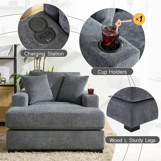 Modern Indoor 43.5 Oversized Chaise Lounger Chenille Fabric Sofa Couch with Pillows Armrest Cup Holders Removable Washable Covers Reclining Sleeper Chair for Living RoomOffice (Blue Gray43.5)