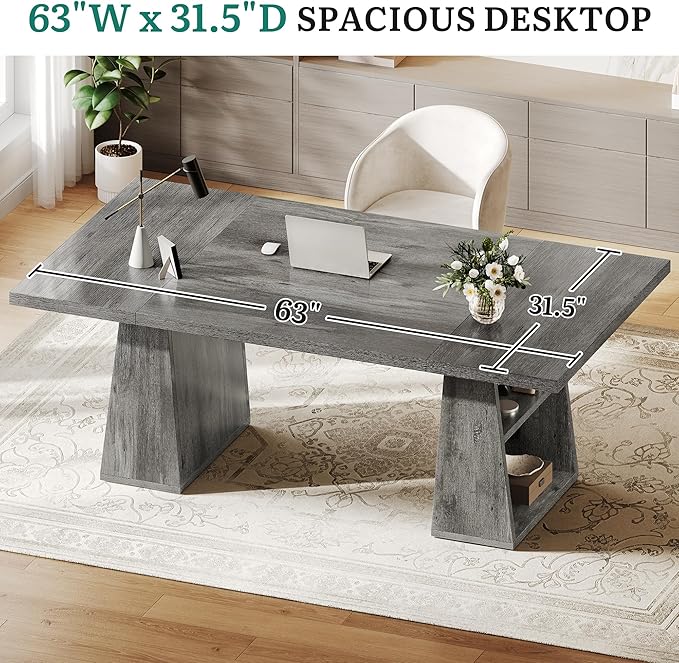 YITAHOME 63 Executive Desk Large Office Desk Computer Desk with Double Pedestal and Storage Shelves Wood Simple Workstations Writing Table Conference Table Business Furniture for Home Office Grey